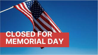 "CLOSED FOR MEMORIAL DAY" text with American flag in background 