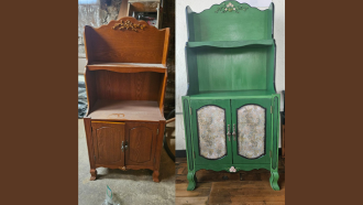 before and after photos of a hutch