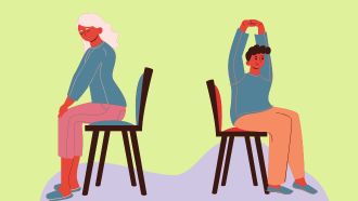 lime background, graphics of people sitting in chairs, stretching