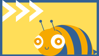coding "bee" bot, on yellow background with white arrows