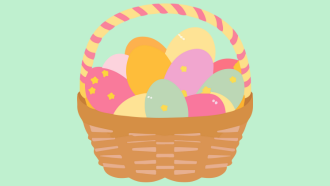easter basket full of eggs on mint background