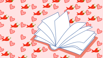 open book on a background of pink hearts with red peppers
