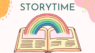 rainbow over book with "Storytime" text