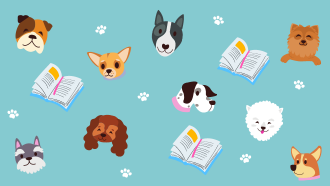 cartoon dogs and books on a light blue background