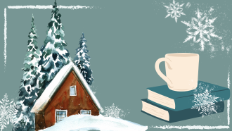 graphics of cabin with snowy roof, pine trees and mug on a stack of books