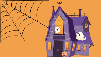 orange background, clipart spiderweb and purple haunted house