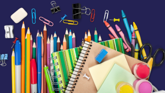 colored pencils, notebooks, erasers, and paperclips 