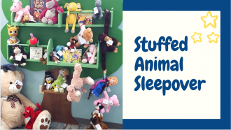 "stuffed animal sleepover" text and image of stuffed animals hanging in the library